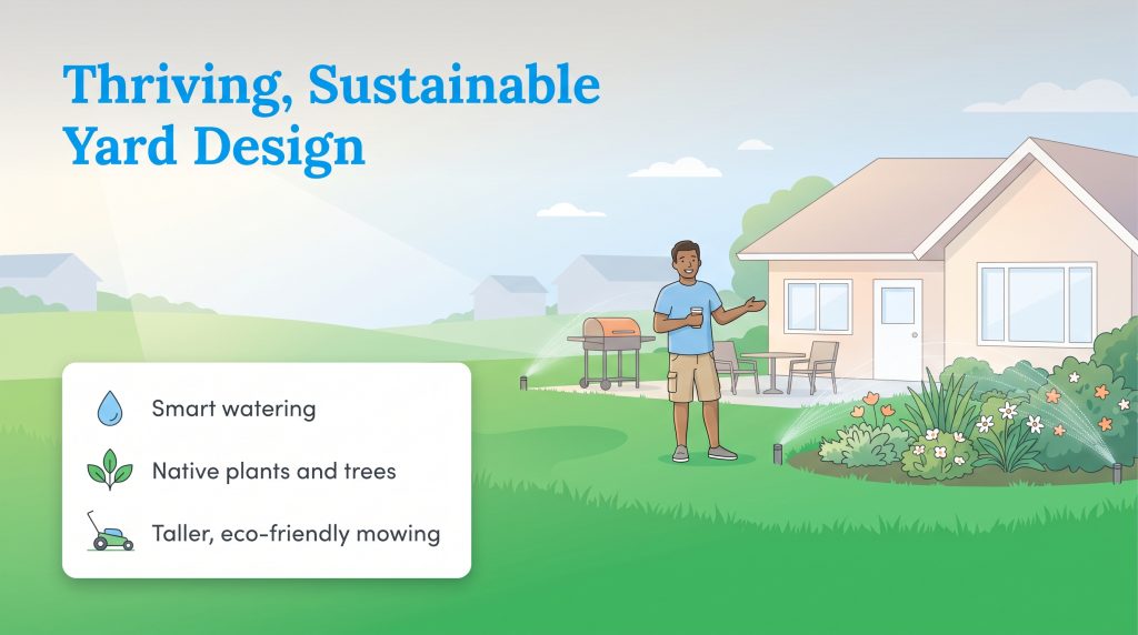 Infographic showing a man enjoying a sustainable yard, with points for smart watering, native plants, and eco-friendly mowing.