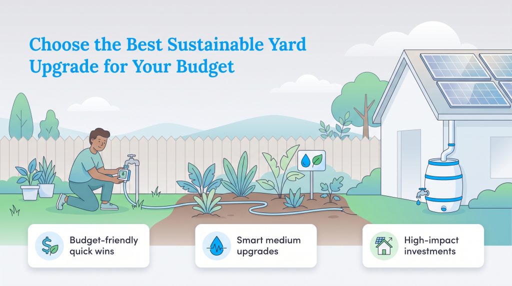 Illustration of three tiers of sustainable yard upgrades: budget-friendly, smart medium, and high-impact investments.