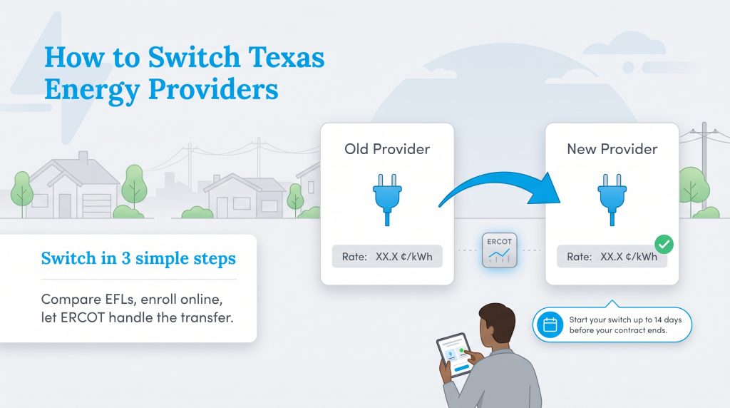 Graphic showing how to switch Texas energy providers in three simple steps.