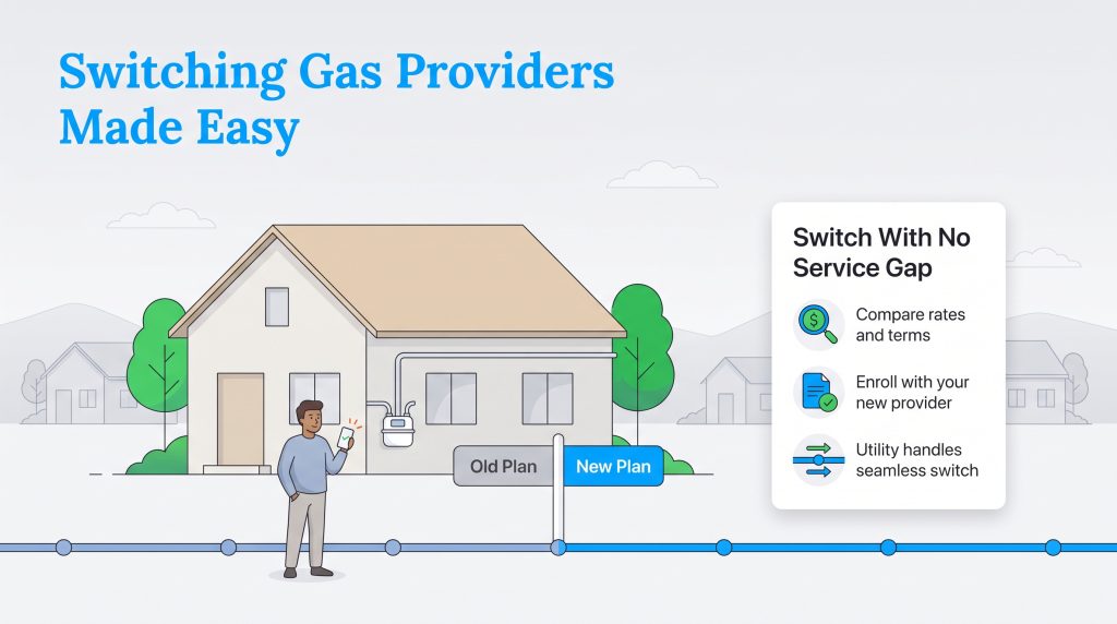 Illustration of a man switching his gas plan on a phone, showing a seamless transition.