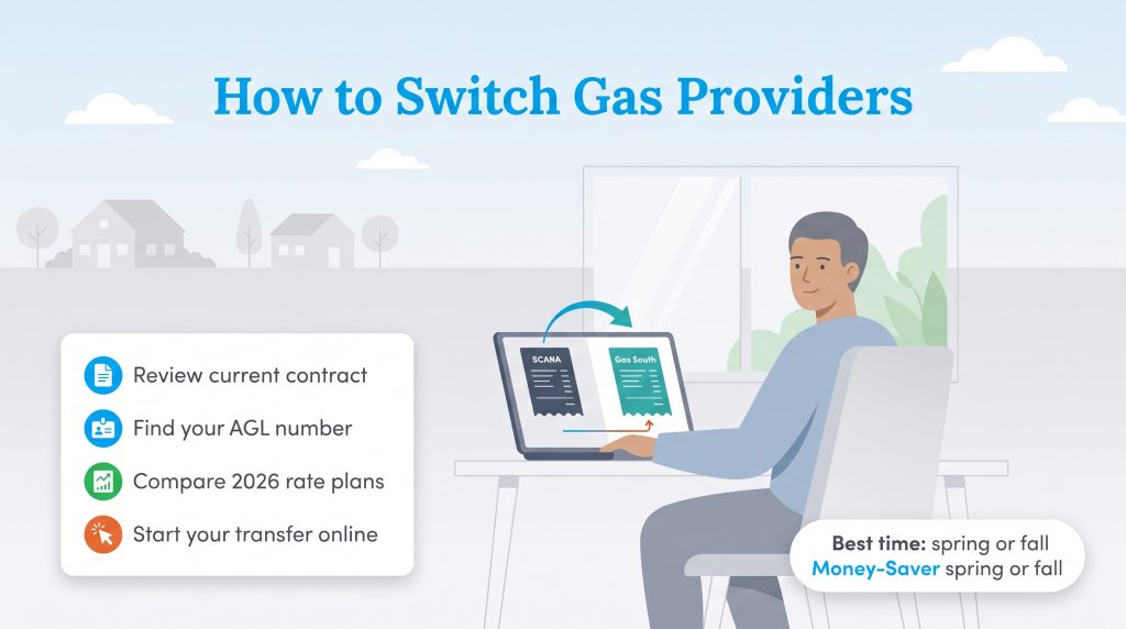 Infographic showing four steps to switch gas providers and a tip to do it in spring or fall for savings.