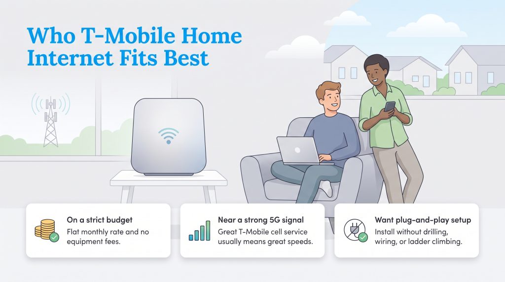 Graphic showing who benefits from T-Mobile Home Internet based on budget, signal, and setup.