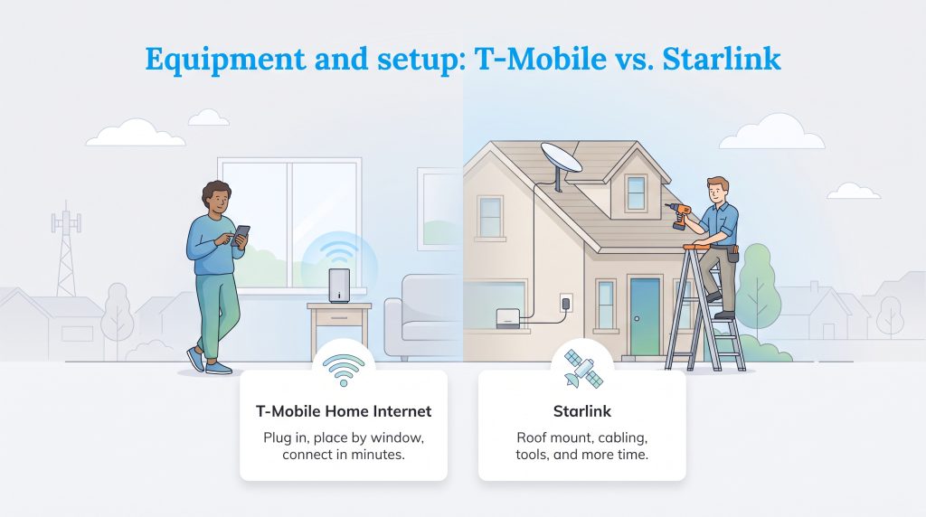 Illustration comparing simple T-Mobile indoor setup with complex Starlink outdoor roof mounting