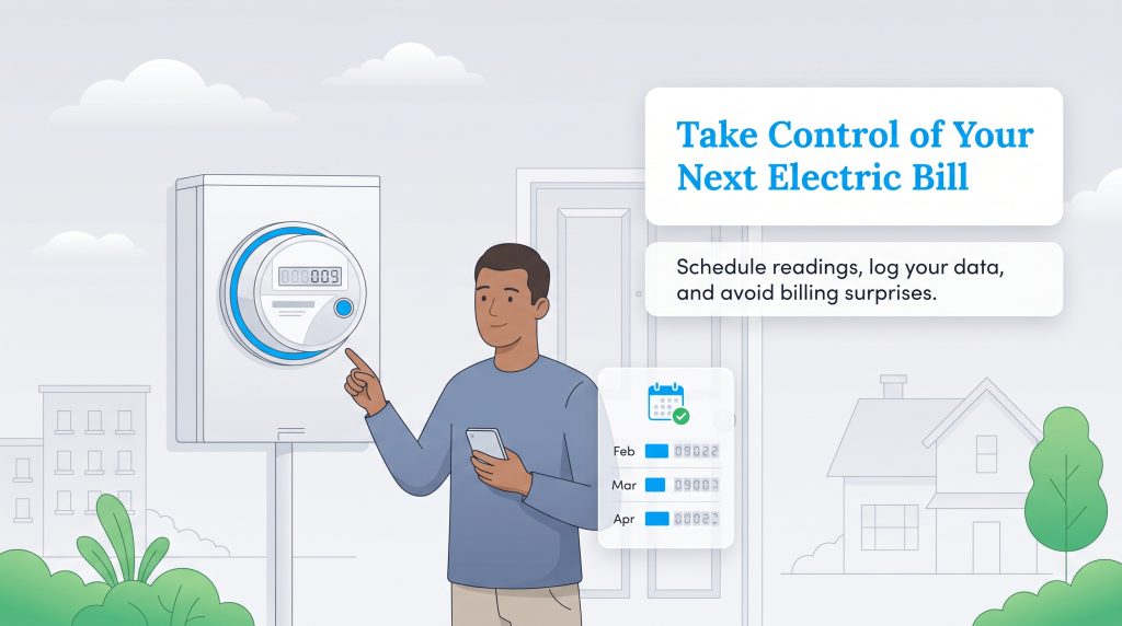 A man points at an electric meter while holding a phone next to a usage tracking display