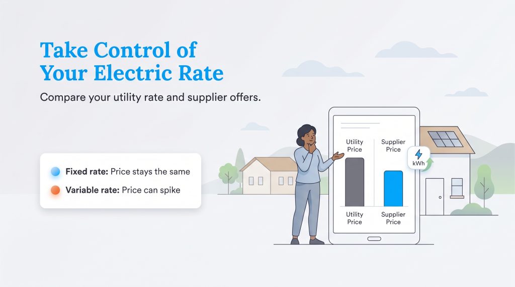 Illustration of a woman comparing utility and supplier electricity prices on a tablet.