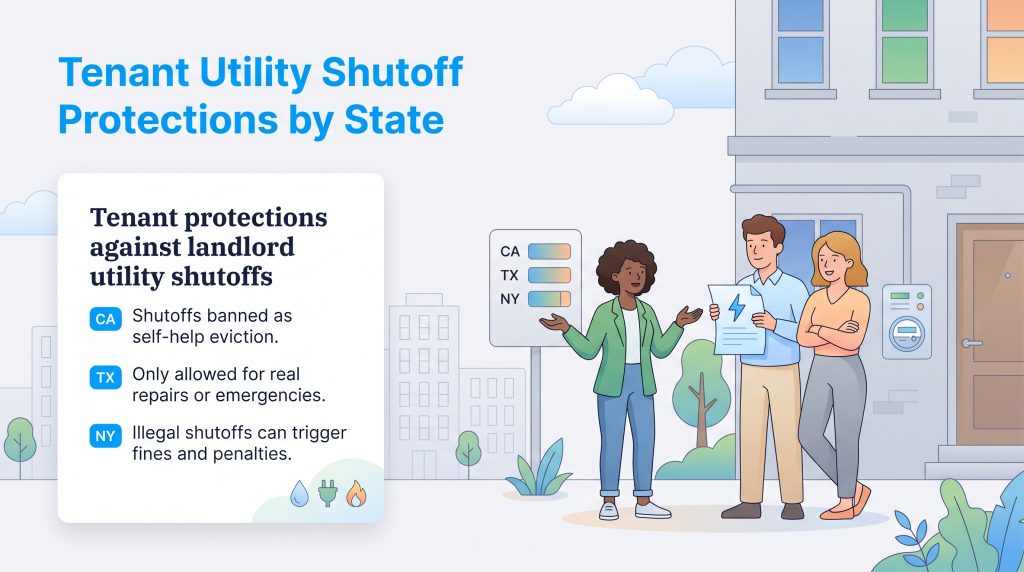 Illustration showing tenant utility shutoff protections in California Texas and New York