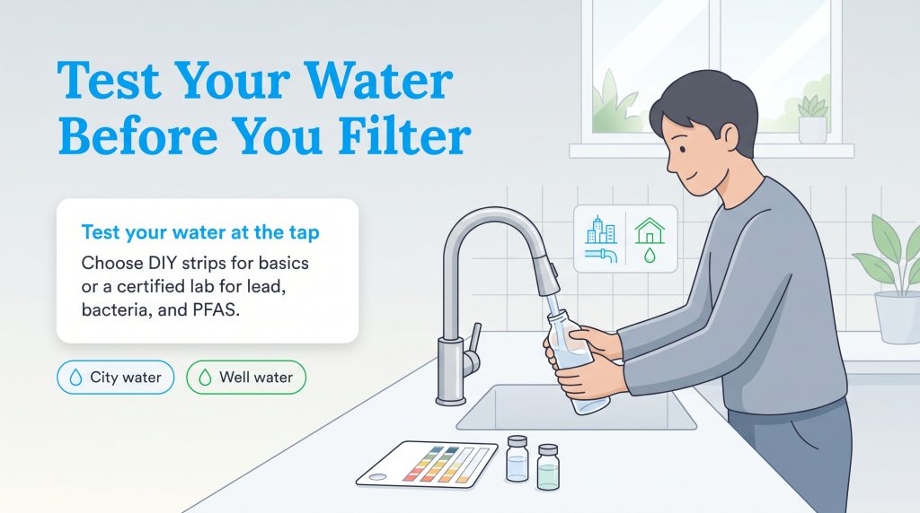 A man fills a bottle at a kitchen tap to test water quality using DIY strips and lab vials.