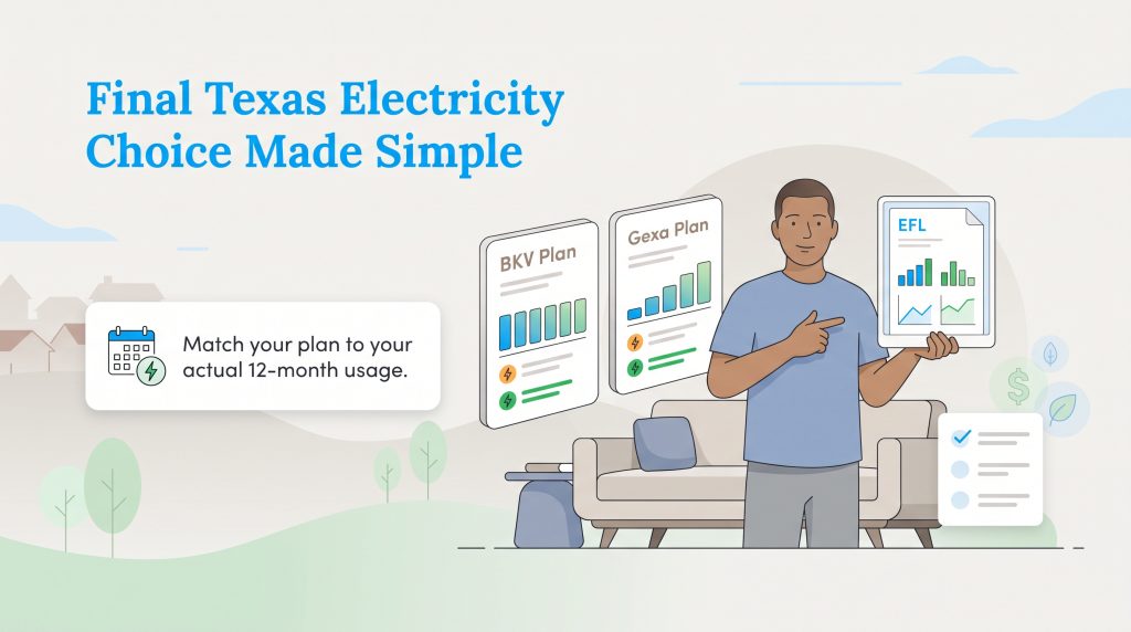 Man holding EFL document compares BKV and Gexa electricity plans, with a tip to match usage.