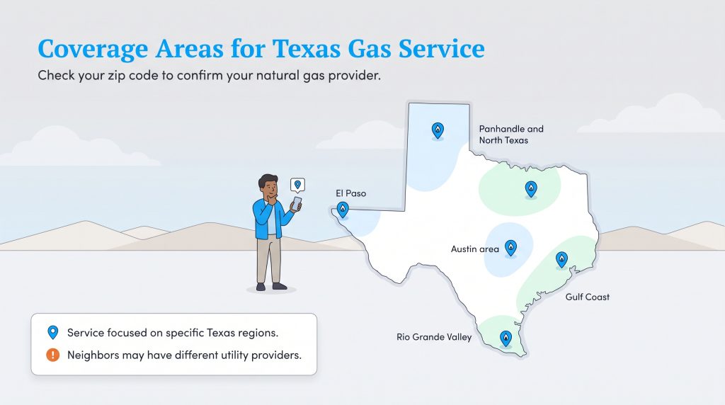 Texas map highlighting service areas including Austin, El Paso, and Rio Grande Valley.