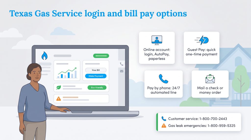 An overview of Texas Gas Service bill payment options including online, phone, and mail.