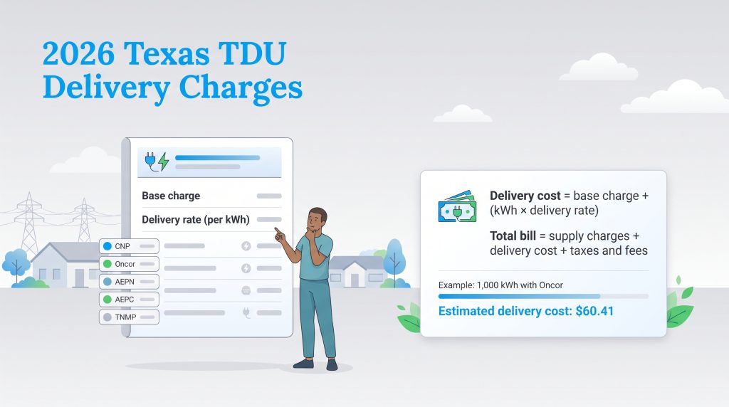 Graphic explaining 2026 Texas TDU delivery charges and utility bill calculation formulas.