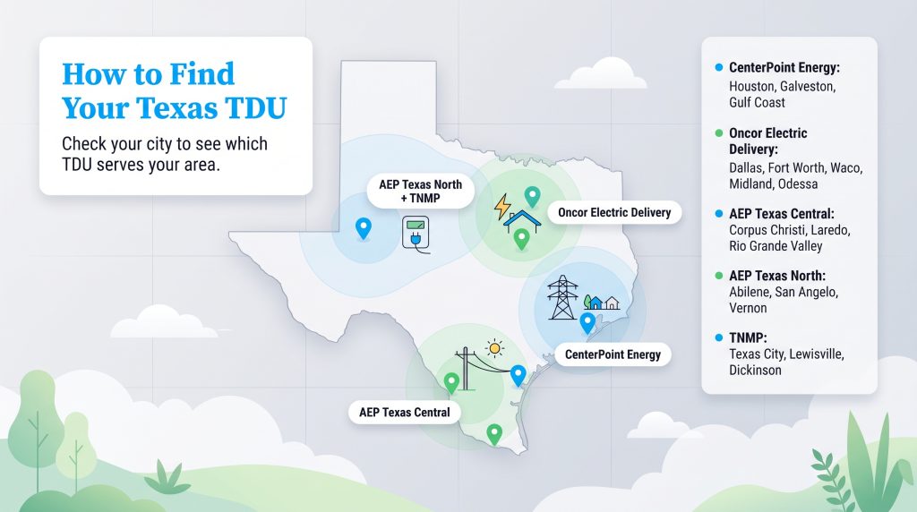 Map of Texas showing territories served by TDUs including CenterPoint, Oncor, and AEP Texas.