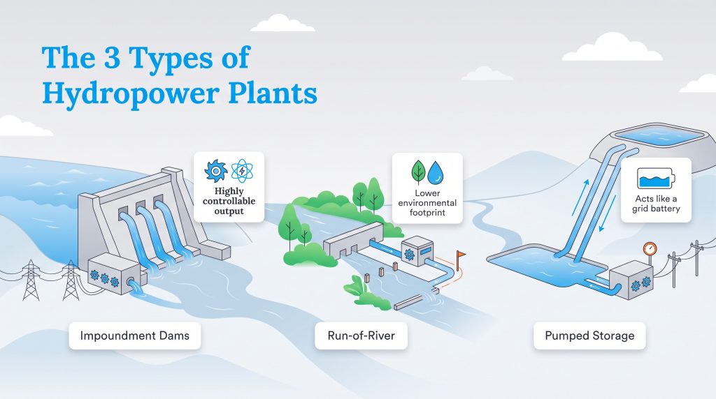 Diagram comparing impoundment, run-of-river, and pumped storage hydropower systems