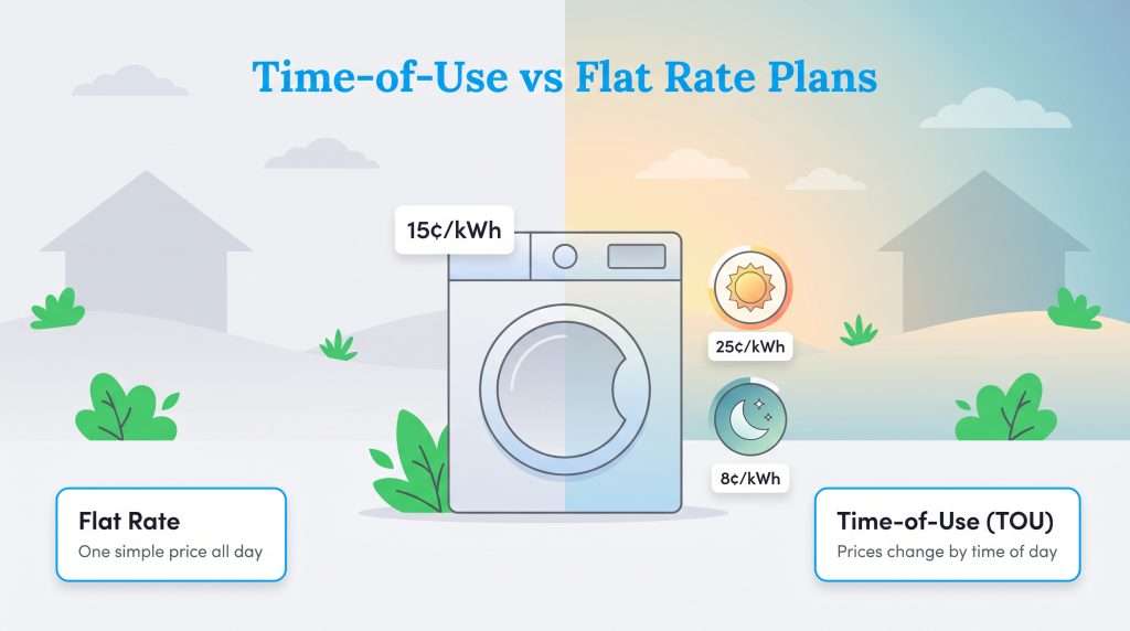 Graphic comparing flat rate and time-of-use energy plans using a washing machine.