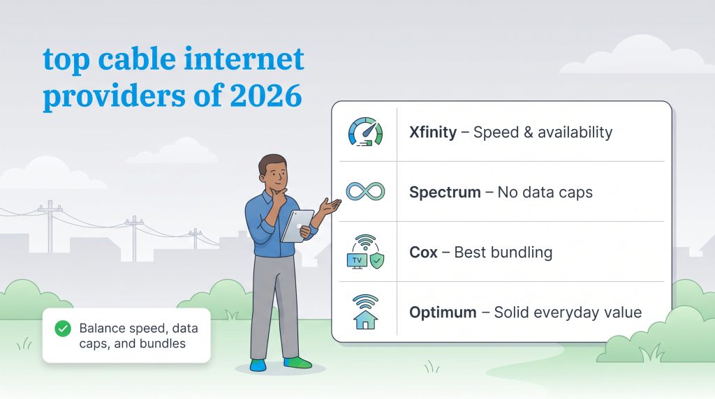 Graphic showing key benefits of top 2026 cable providers Xfinity, Spectrum, Cox, and Optimum.