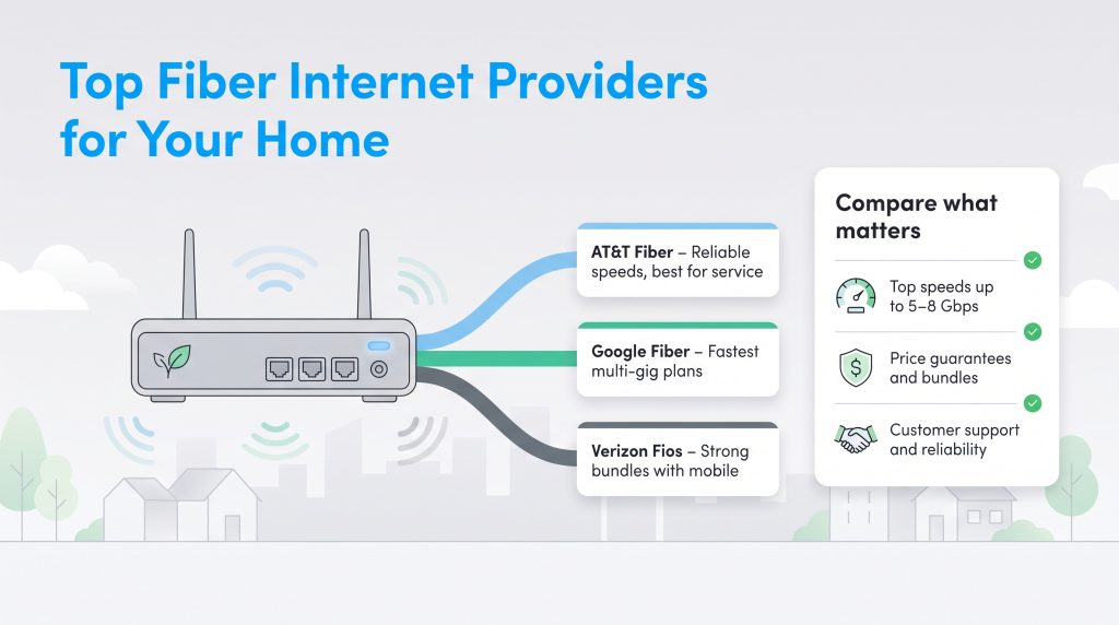 Comparison of top fiber internet providers like AT&T, Google, and Verizon