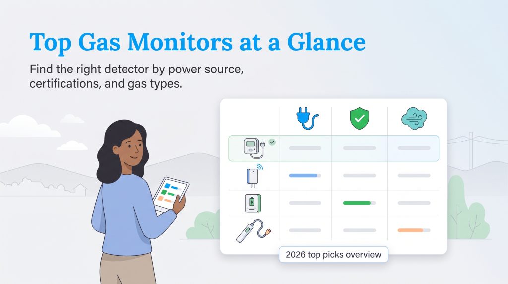 Illustration of a woman comparing gas detector features in a comparison table.