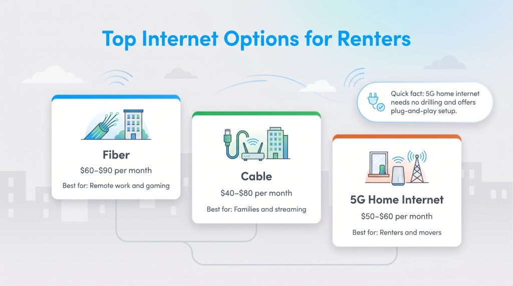 Comparison of fiber, cable, and 5G home internet costs and best use cases for renters.