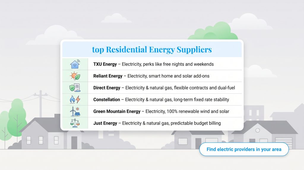 A list of six top US residential energy suppliers and their key service offerings.