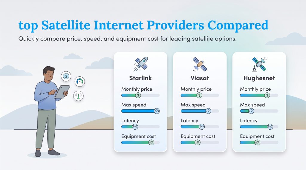 Graphic comparing Starlink, Viasat, and Hughesnet satellite internet metrics.