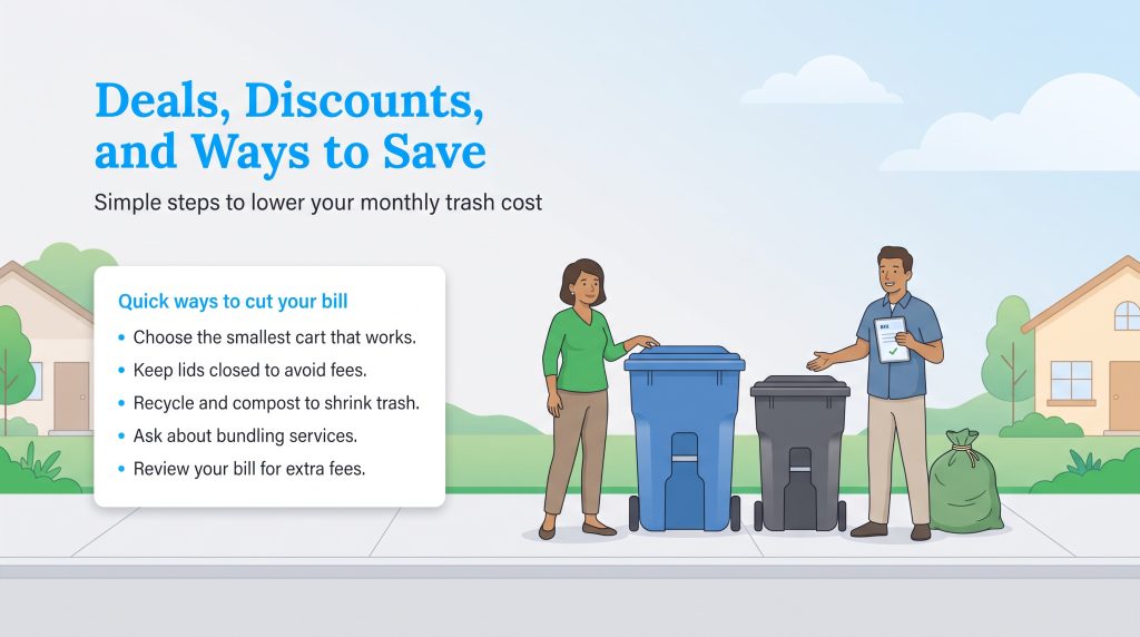 Illustration of people with trash bins and a list of ways to lower a trash bill.