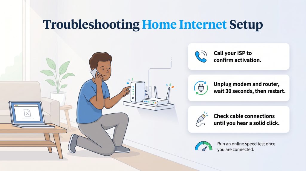 Illustration of a man troubleshooting his home internet with a list of helpful tips.