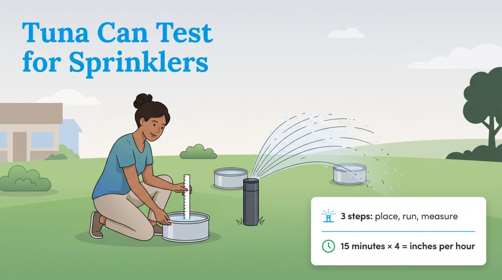 A woman measures water in tuna cans near a sprinkler to calculate its output using a simple test.