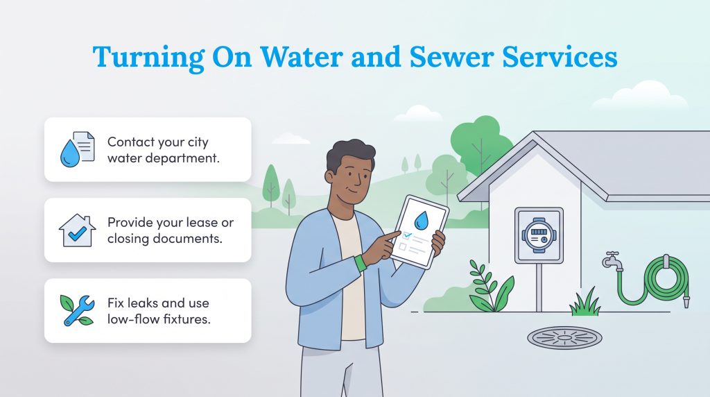 Illustration outlining steps to set up and manage household water and sewer services.
