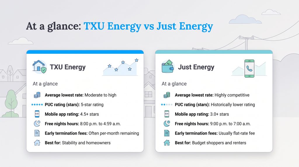 Comparison card showing ratings and features for TXU Energy and Just Energy