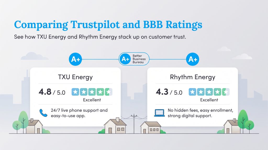 TXU Energy (4.8, A+) and Rhythm Energy (4.3, A+) ratings from Trustpilot and BBB.