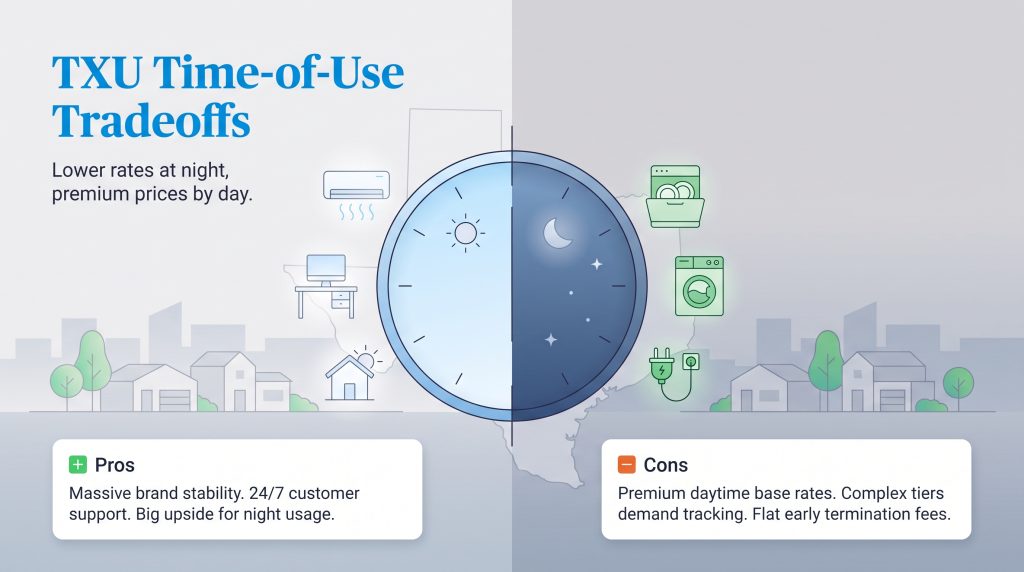 Infographic showing TXU Time-of-Use plans offer lower rates at night but higher rates during the day.