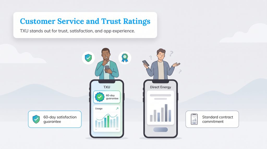 An infographic comparing TXU and Direct Energy's customer service and trust features on smartphone screens.