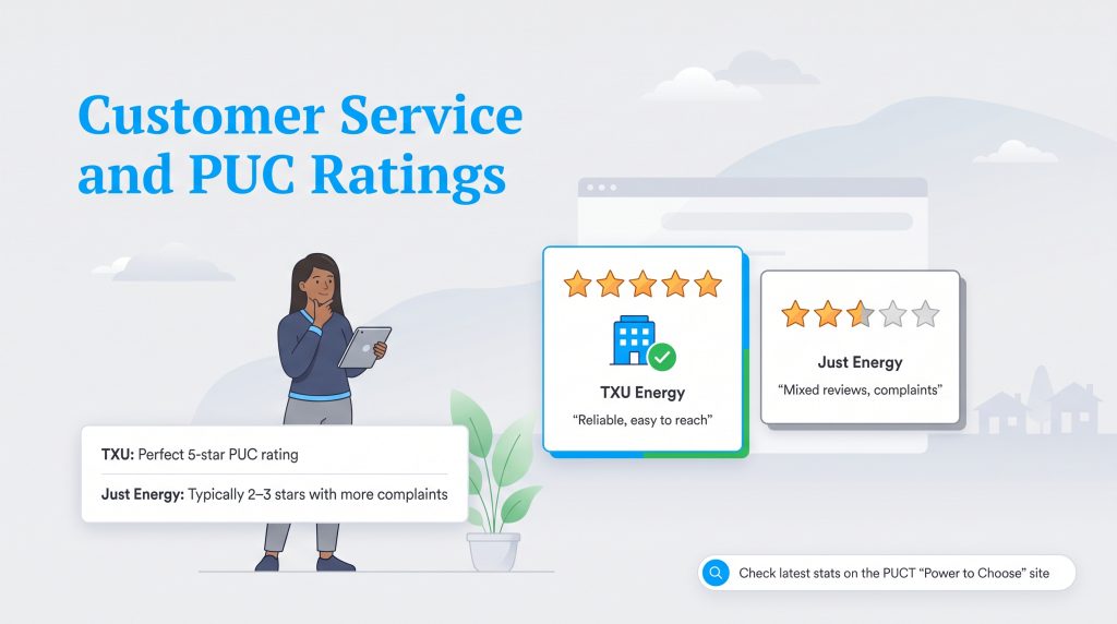 Graphic comparing TXU Energy 5-star PUC rating to Just Energy 2-3 star rating