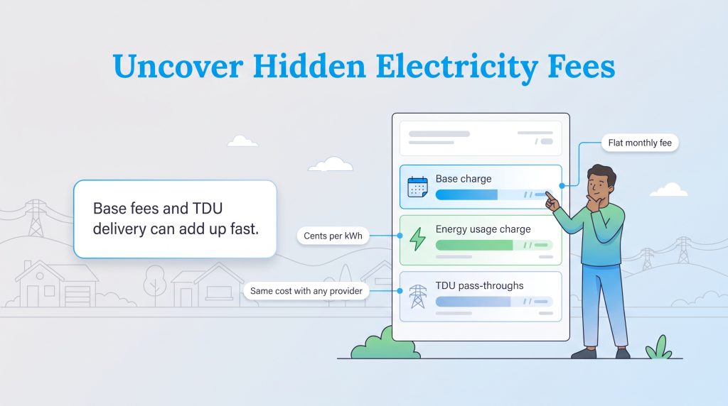 Infographic of an electricity bill breakdown showing base charges, energy usage charges, and TDU pass-throughs.
