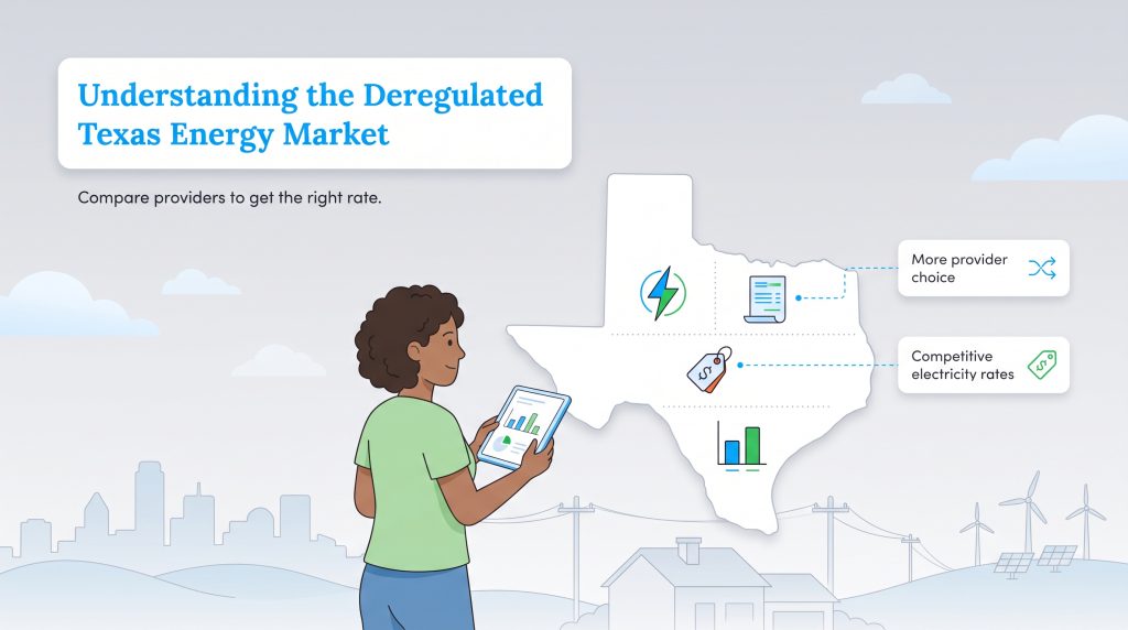 Illustration depicting comparison of Texas energy providers for better choice and competitive rates.