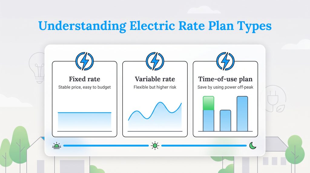 Comparison of fixed rate, variable rate, and time-of-use electric plans.
