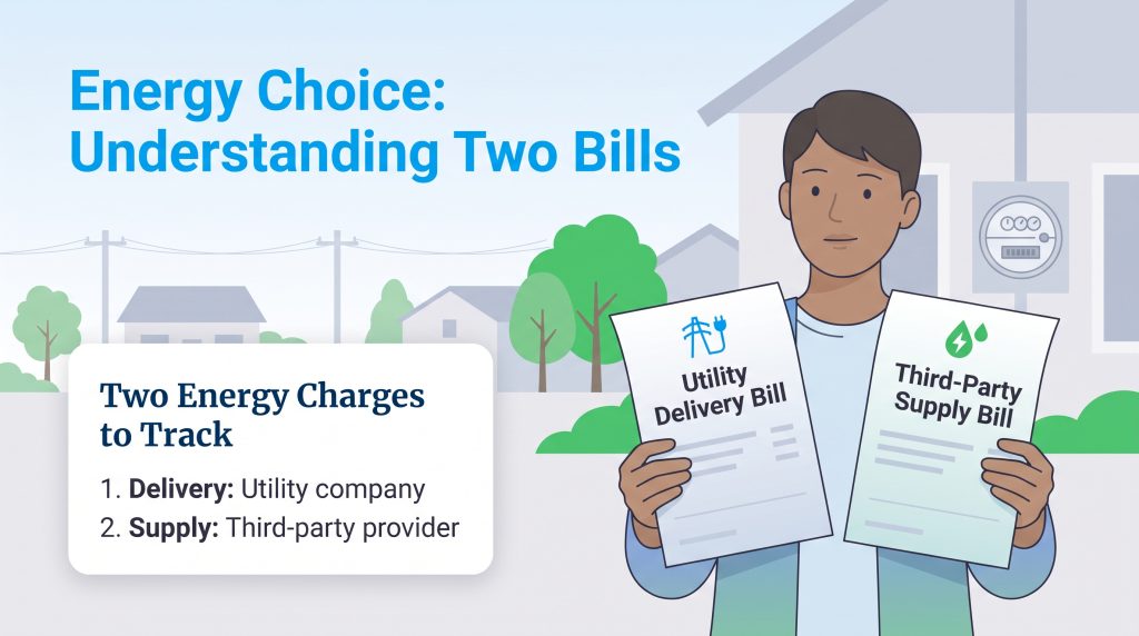 Man holding a utility delivery bill and a third-party supply bill with explanatory text