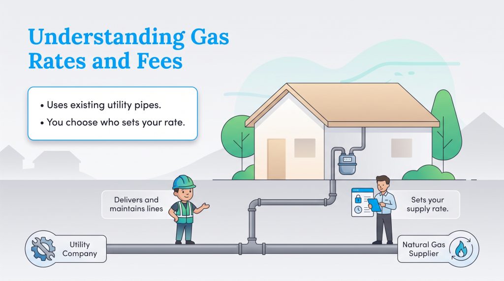 Diagram showing how a utility company maintains pipes while a natural gas supplier sets rates.