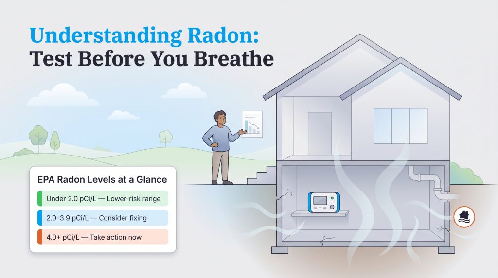 Infographic showing a home section with a radon monitor, a man, and a table of EPA radon action levels.