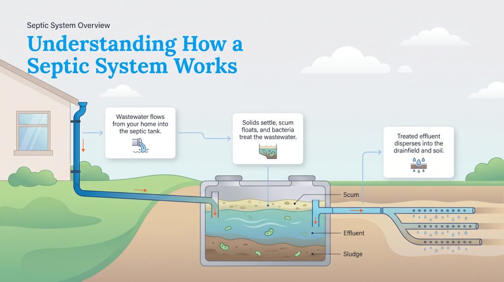 Diagram showing wastewater flow from a home to a septic tank and then to a drainfield.