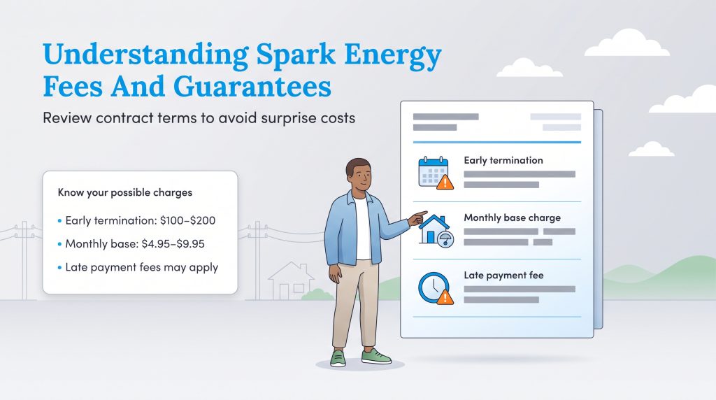 Illustration of Spark Energy fee details, including termination, monthly base, and late fees