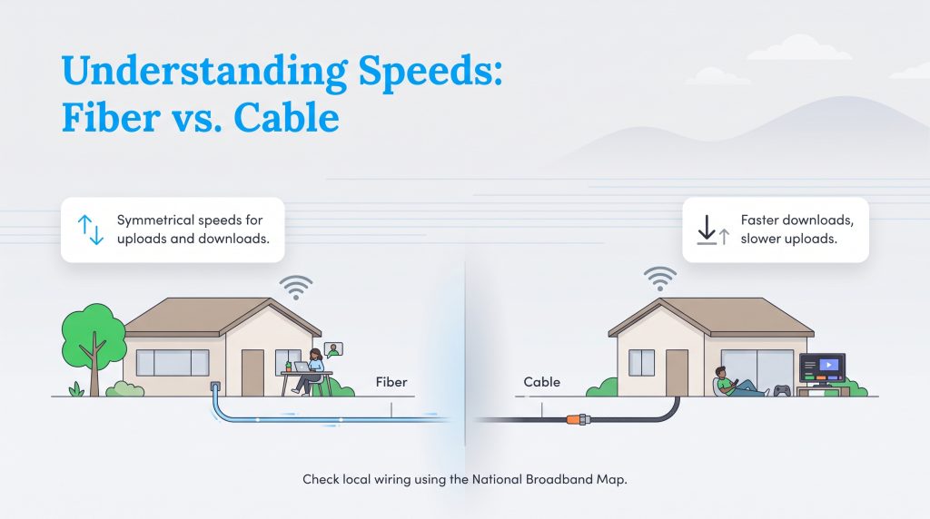 Comparison infographic: Fiber offers symmetrical speeds; cable has fast downloads but slow uploads.