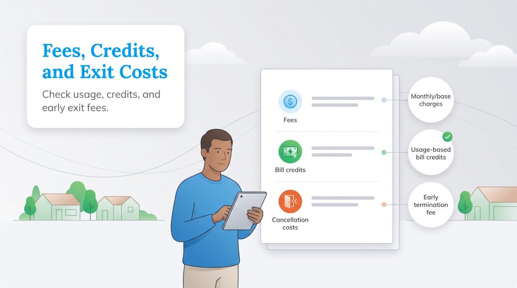 Illustration of a man reviewing contract fees, bill credits, and early termination costs