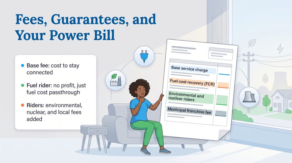 A woman analyzing a large illustration of an electricity bill showing base and rider fees