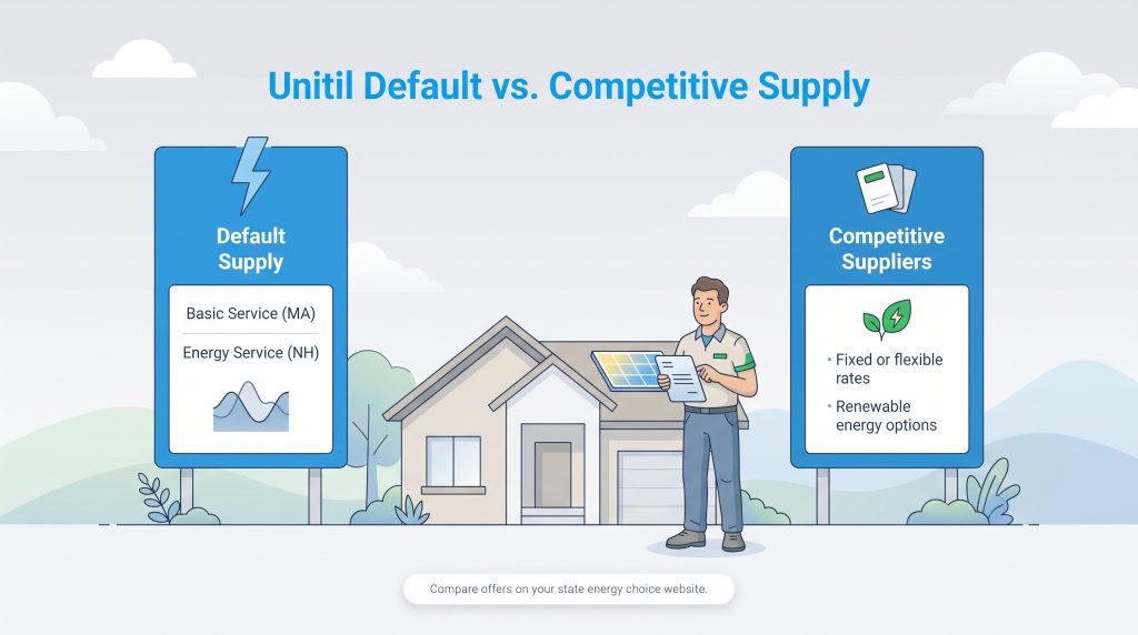 Compares Unitil variable default supply to competitive suppliers' fixed or renewable rate options.