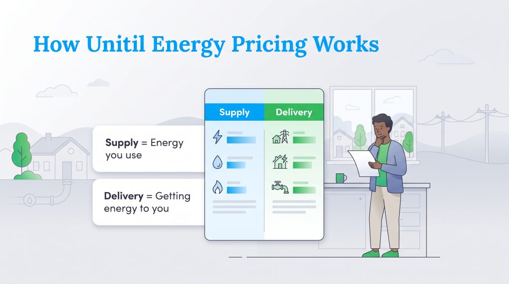 Infographic illustrating how Unitil energy pricing is divided into Supply and Delivery charges.
