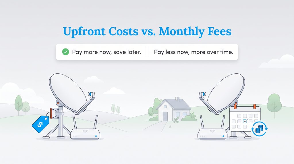 Comparison of satellite equipment upfront costs versus recurring monthly lease fees