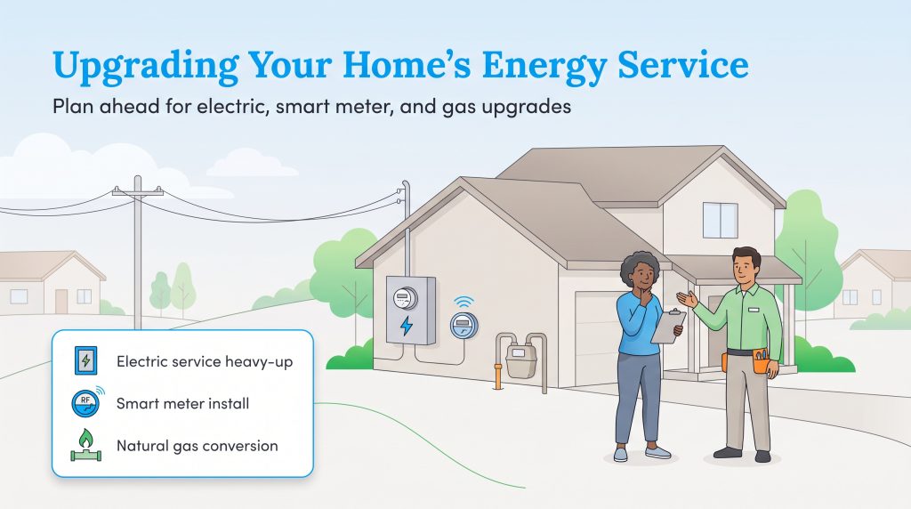 An illustration of a homeowner and utility technician discussing electric and gas upgrades