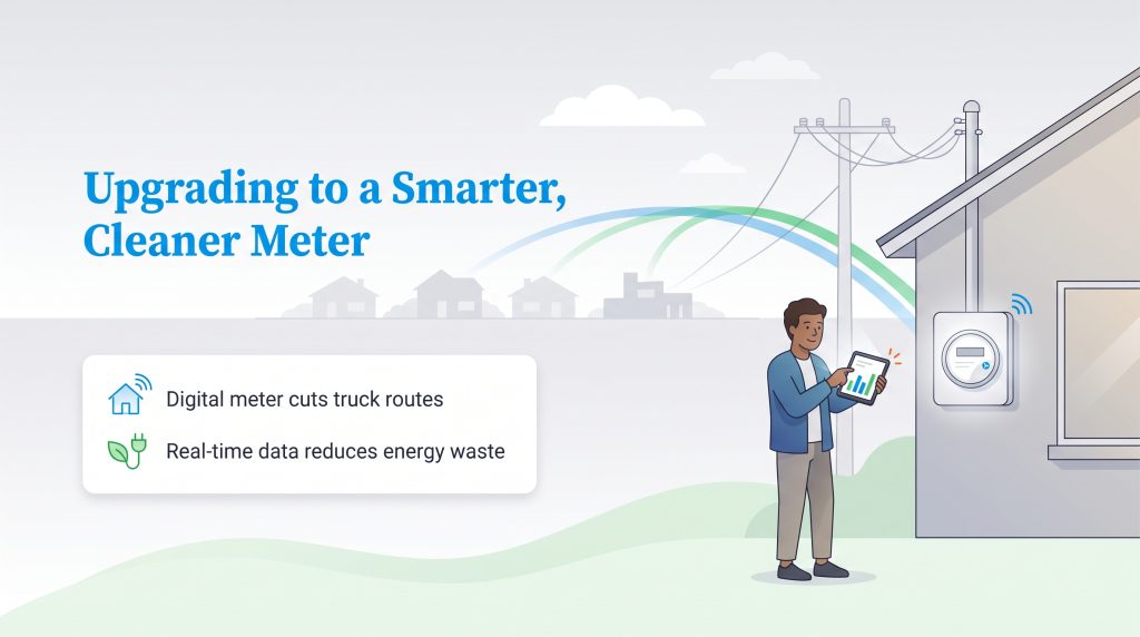 An illustration of a man checking his energy usage on a tablet next to a home digital meter.
