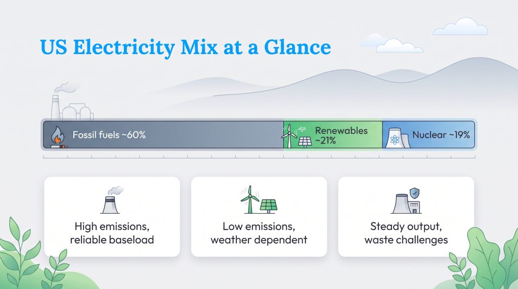 US electricity mix showing fossil fuels at 60%, renewables at 21%, and nuclear at 19%.